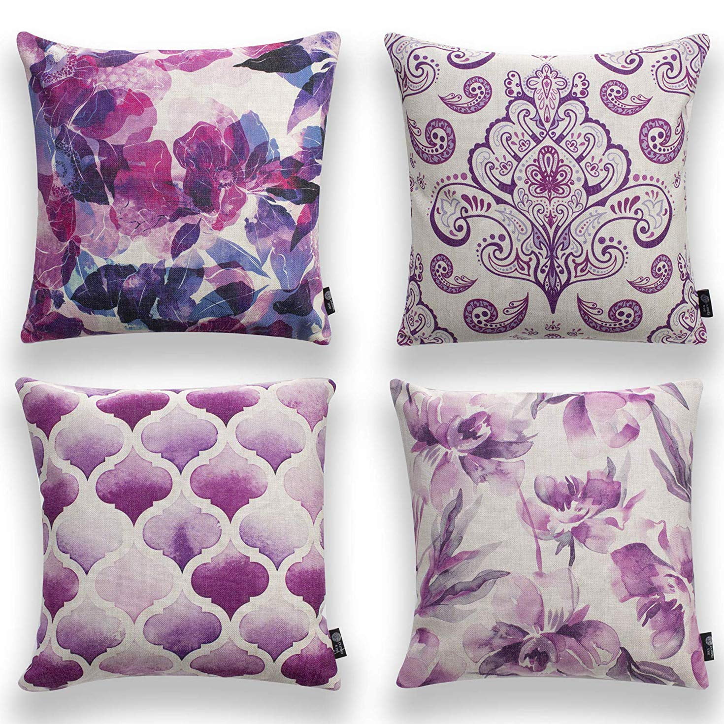 SUFAM Set of 4 Pillow Cases Tree Purple Flowers Cozy Burlap Watercolor Throw Pillowcase Cover