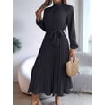 thumbnail image 6 of Women'S Long Sleeve Pleated Dress Casual Semi Formal Church Dress Mock Neck A Line Flowy Midi Dresses with Belt, 6 of 8