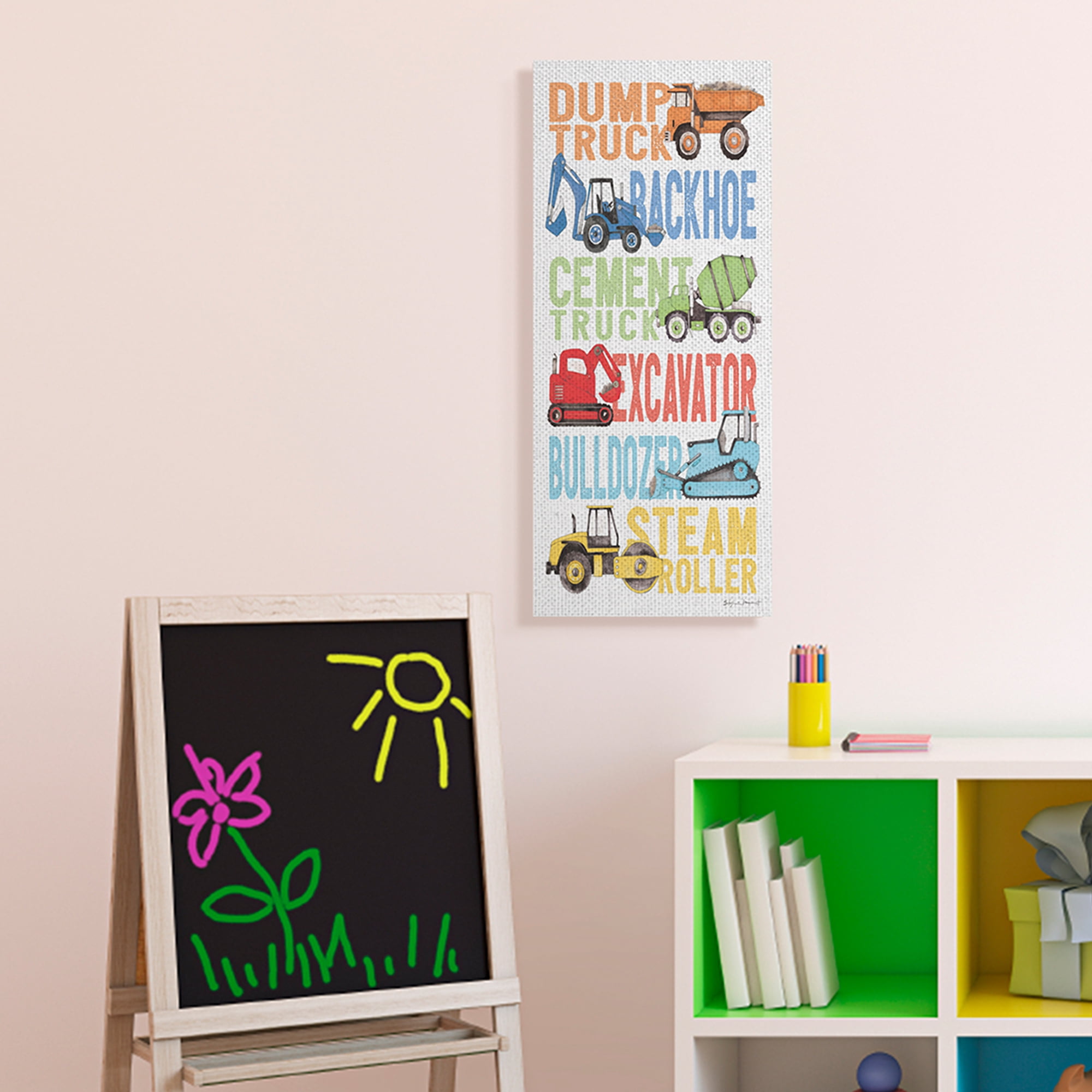 Stupell Industries Kid's Traditional Construction Vehicles Playful Bold Text Transportation Painting Gallery Wrapped Canvas Art Print Wall Art, 13 x 30