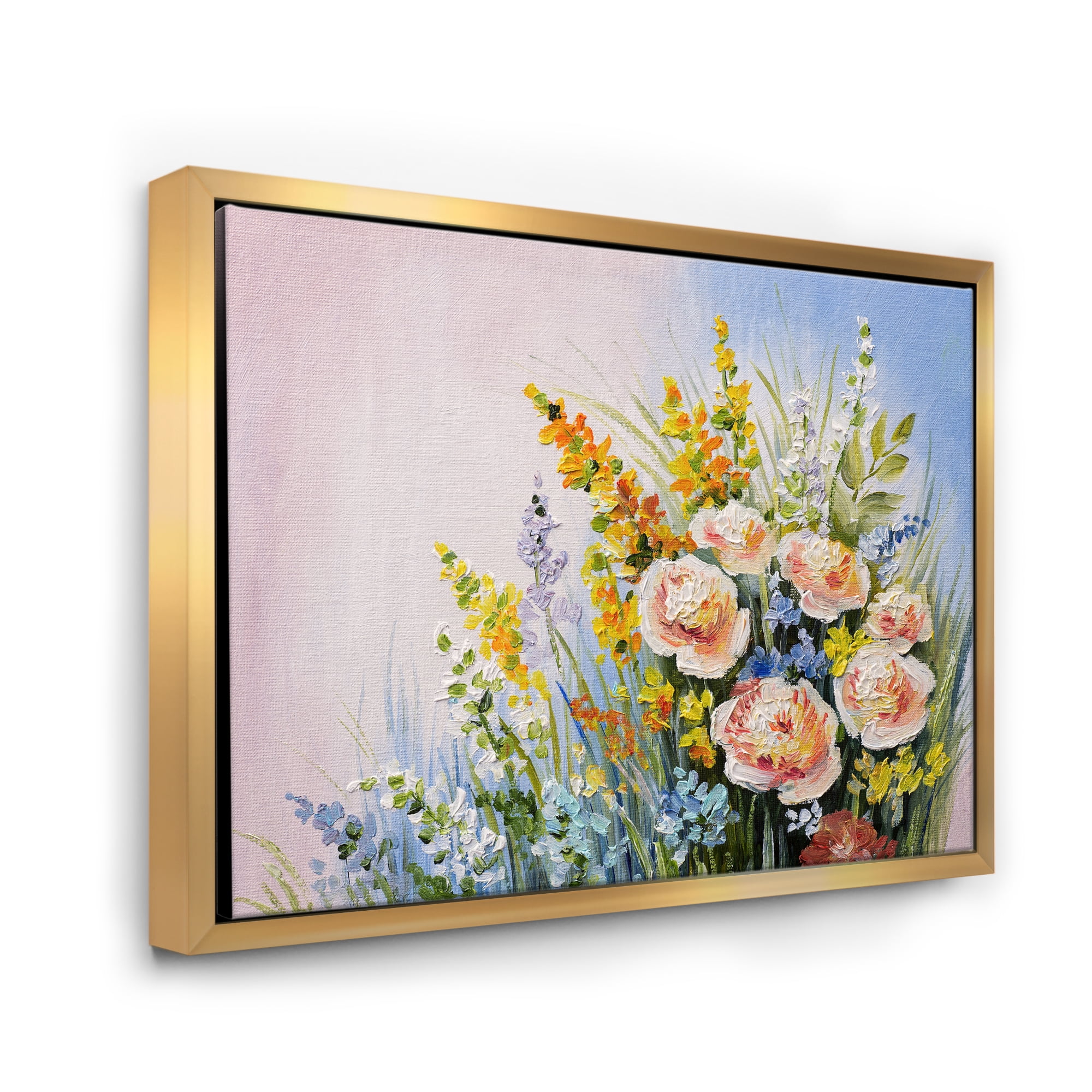 Designart 'Yellow and Pink Summer Wildflowers' Traditional Framed Canvas Wall Art Print