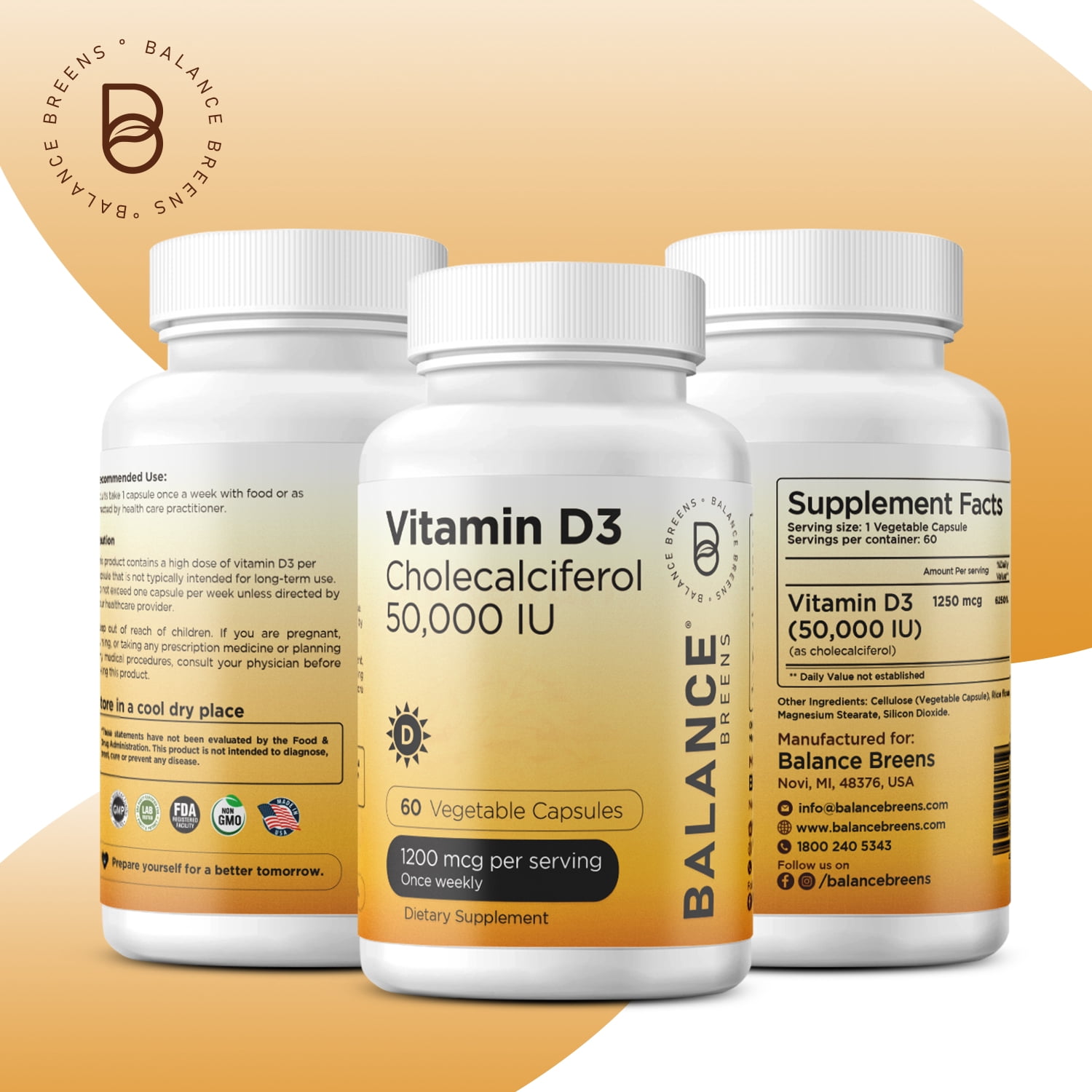 Vitamin D3 50,000 IU - 60 Veggie Capsules - High Potency Gluten, Free Non-GMO Supplement by Balance Breens