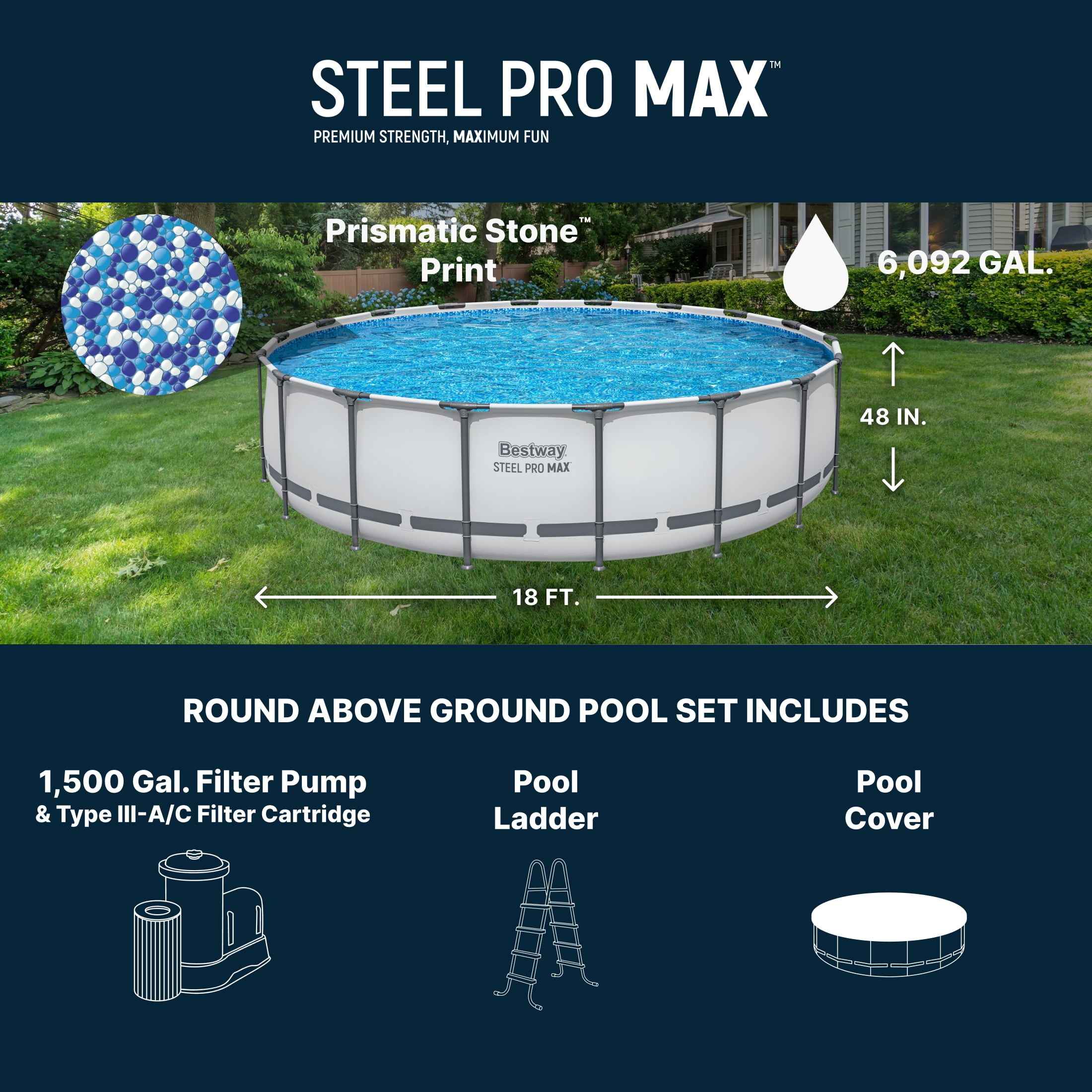 Bestway Steel Pro MAX 18' x 48" Metal Frame Above Ground Pool Set w/ Pump, Ladder, & Cover