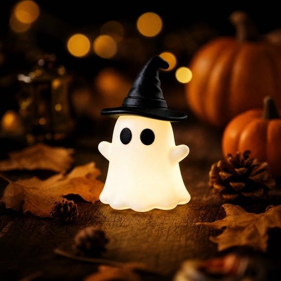 Halloween Light Up Ghost Figurine with Black Witch Hat, Cute Spooky Mini Glowing Ghost Desktop Ornament for Halloween Party, Bedroom Shelf Decor, Micro Landscape Fall Home Halloween Decoration,A