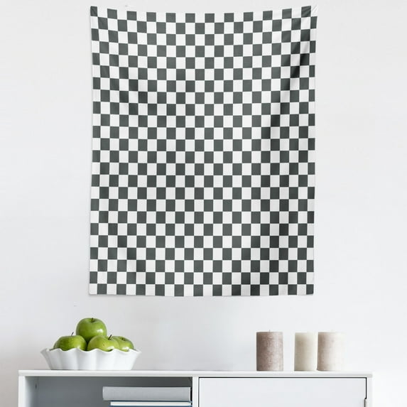 Checkered Tapestry, Monochrome Composition Classical Chessboard Inspired Abstract Tile Print, Fabric Wall Hanging Decor for Bedroom Living Room Dorm, 5 Sizes, Grey White, by Ambesonne