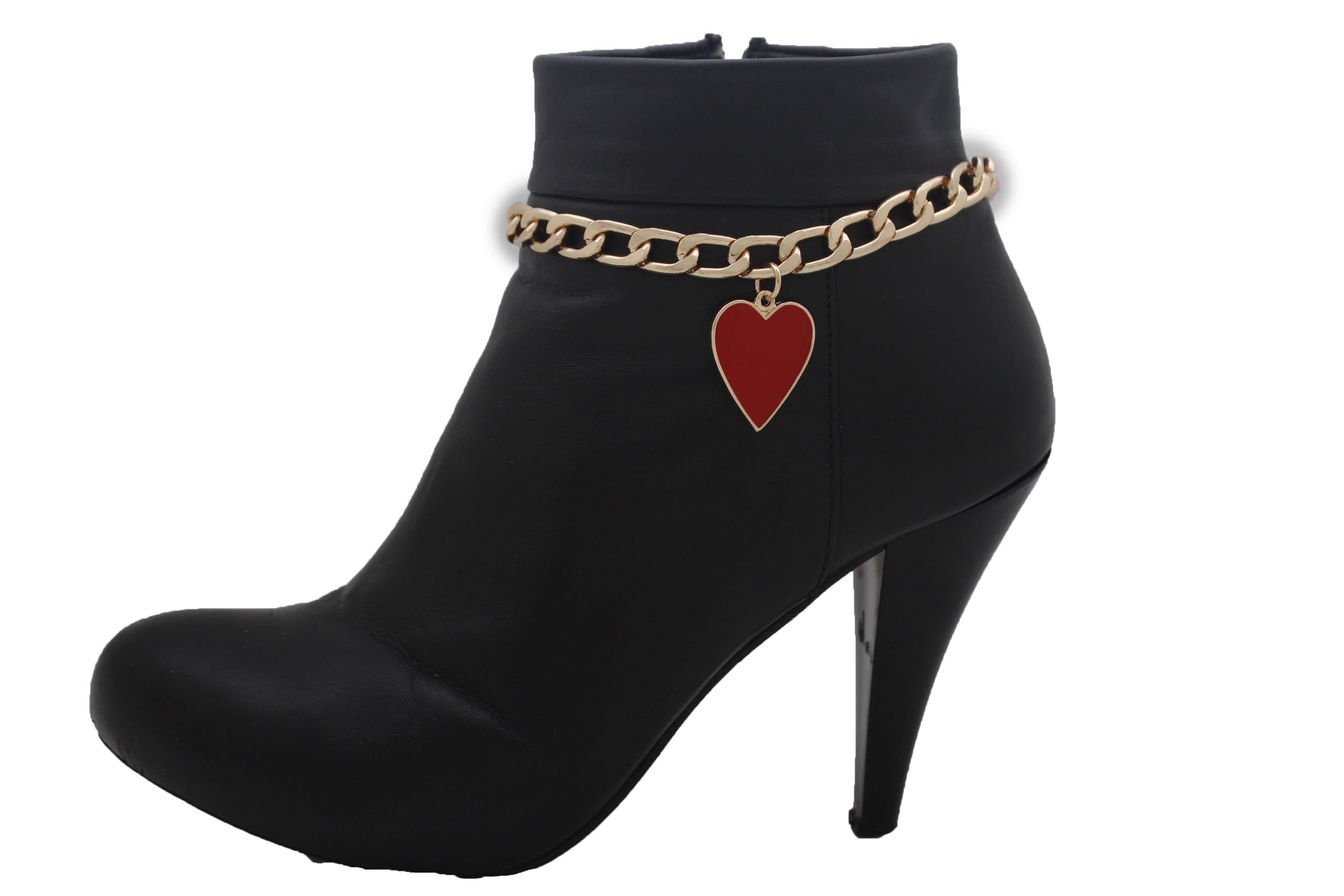 Women Gold Chain Boot Bracelet Anklet Heel Shoe Red Heart Charm Jewelry Fun Love 