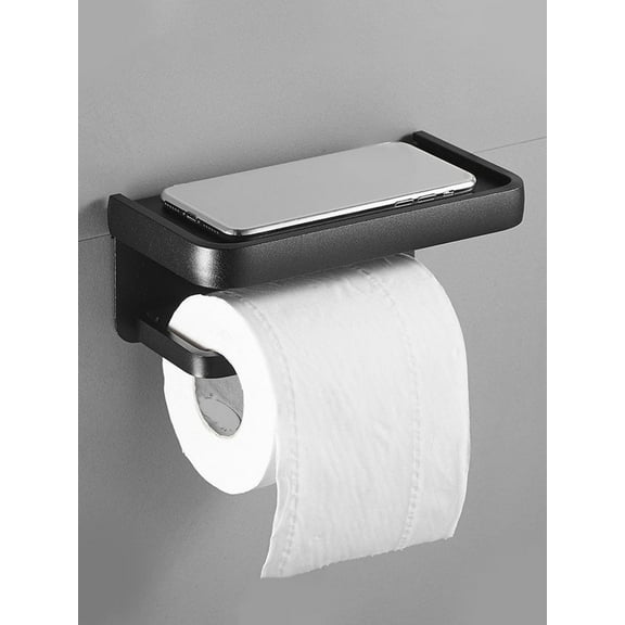 Ghojet Toilet Paper Holder with Phone Shelf Aluminum Toilet Roll Paper Shelf Toilet Roll Paper Shelf Adhesive or Screw Wall Mounted Toilet Paper Rack Paper Roll Holder for Home Bathroom Black