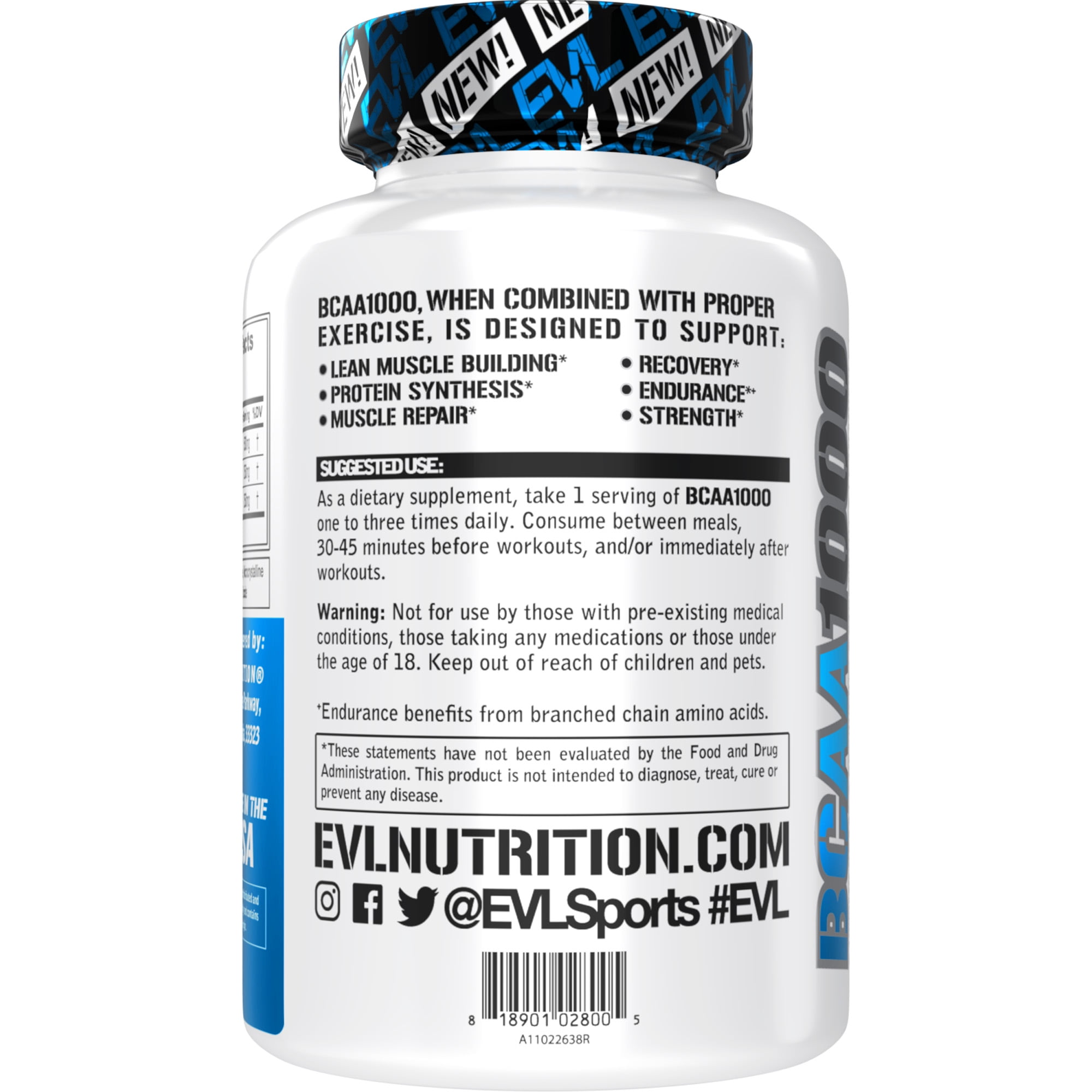 BCAAs Amino Acids Supplement for Men - EVL 2:1:1 5g BCAA Capsules for Post Workout Recovery and Lean Muscle Builder for Men - BCAA1000 Branched Chain Amino Acids Nutritional Supplement - 30 Servings