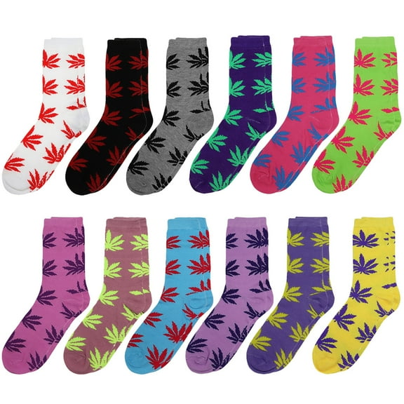 12 Pairs Women's Crew Socks Fancy Novelty Designed Size 9-11 Multicolor Assorted Leaf