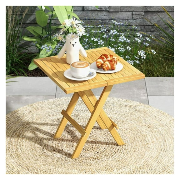 Teak Folding Side Table, 20" Outdoor Patio Coffee Table with X-Legs, Slatted Top, Portable Camping Picnic Table, Natural Finish