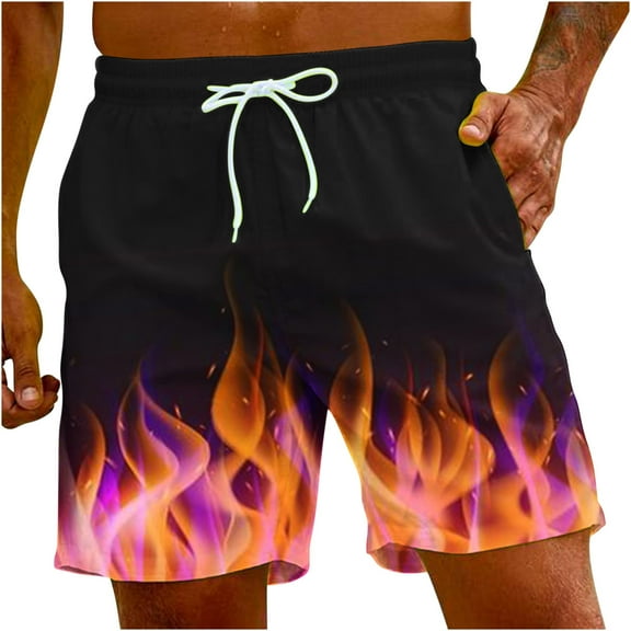 Lovskoo 2024 Men's Hawaiian Summer Beach Shorts Flame Graphic Print Casual Drawstring Shorts Pant Black
