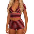 thumbnail image 3 of Arlun Women’s 3 Piece Stripe Outfits Short Sleeve Cut out Crop Top and Sleeveless Cami Bodycon Mini Shorts Set Y2k Color Block Stretchy Slim Fitted Summer Beach Party Matching Sets Red XS, 3 of 7