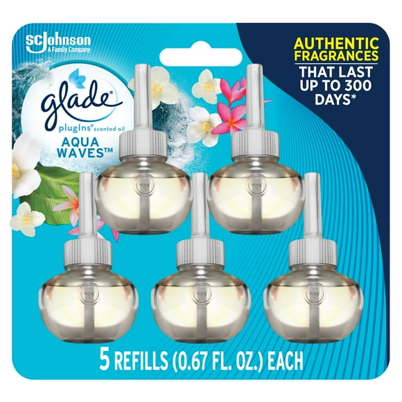Glade PlugIns Refills Air Freshener, Scented and Essential Oils for Home and Bathroom, Aqua Waves, 3.35 Fl Oz, 5 Count