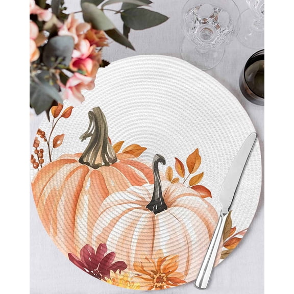 13 Inch Round Placemats Set of 6, Orange Fall Pumpkins Non Slip Heat Insulation PP Table Mats, Thanksgiving Maple Leaf Botanical Washable Place Mats for Kitchen Dining Party Table Decor