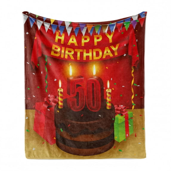 50th Birthday Soft Flannel Fleece Throw Blanket, Chocolate Cake with Number Candles Presents Ribbons and the Flags, Cozy Plush for Indoor and Outdoor Use, 50" x 70", Multicolor, by Ambesonne