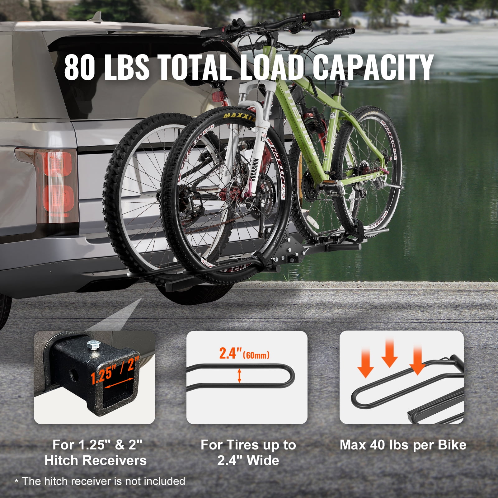 VEVOR Hitch Mount Folding Carrier 2 Bike Rack 80 lbs, Steel Multicolor, 32.1 x 54.5 x 39.2 inch