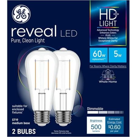 GE Reveal LED Light Bulbs, Clear Finish, 60 Watt Eqv, ST19 Edison Style Bulb, 2pk