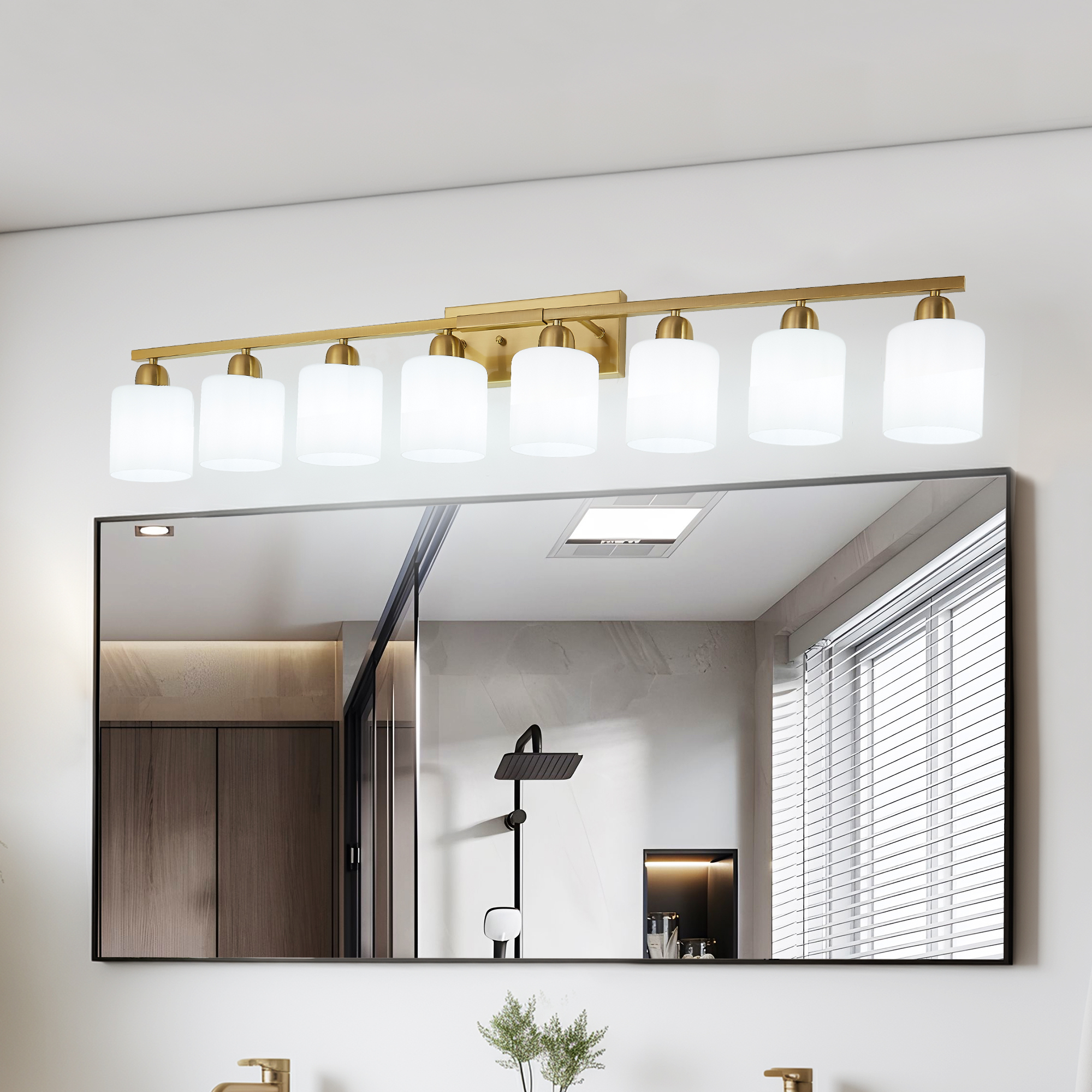 Leumius 8-Light Bathroom Vanity Light Fixture, Modern Vanity Light Over Mirror, Wall Sconces with Milky White Frosted Glass Shades for Mirror, Bathroom, Bedroom and Hallway Gold (No Bulbs)