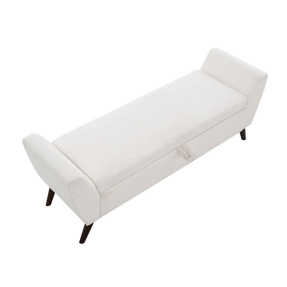 S-HOME 60 Inch Storage Bench in Teddy Cream with Comfortable Padding and Mid Century Wood Legs for Living Room Bedroom
