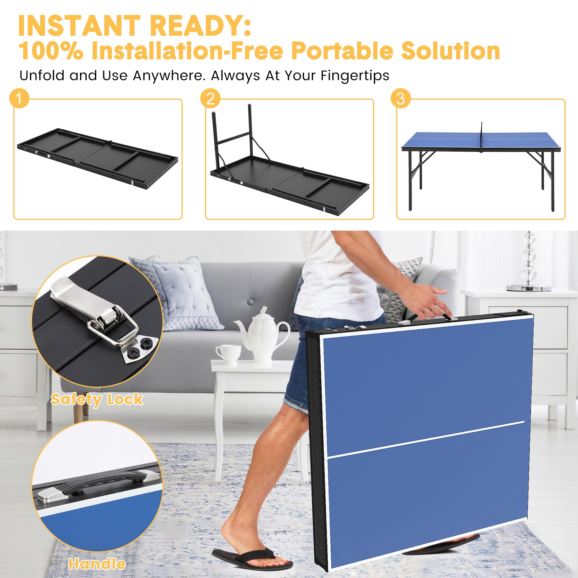 TROPOW Portable Ping Pong Table, Indoor/Outdoor Ping Pong Table for Adults/Teens, Table Tennis Table with 2 Table Tennis Paddles and 3 Balls, 5 Minute Assembly, 60 x 26 x 27.5 Inch