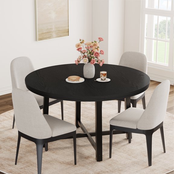 47" Wooden Round Dining Table, Industrial Dinner Table for 4 to 6, Sturdy Metal Frame, Circle Kitchen Table for Dining Room, Kitchen (No Chairs)