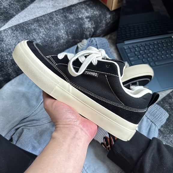 NewMen'S Casual Canvas Sneakers - Comfortable Fabric Lining for Everyday Wear, Everyday Sho ,Black & White Low-Top Lace-Up Shoes with Round Toe, Rubber Sole, and | Minimalist Sneakers | Durable Canv