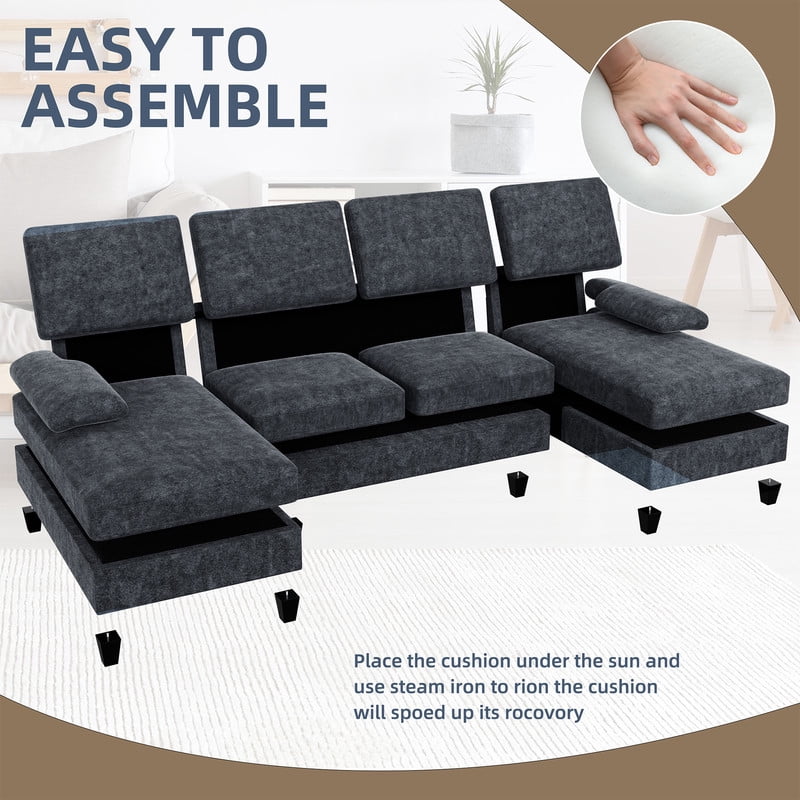 Walsunny Modern U-Shape Sectional Sofa for living room, Chenille Fabric Modular Couch, 4 Seat Oversized Sofa with Chaise for Apartment,White