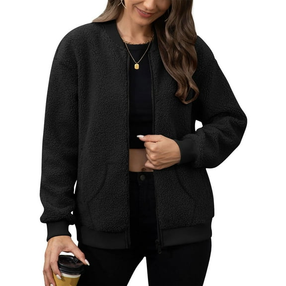 RYRJJ Women's Sherpa Fleece Jacket Long Sleeve Fuzzy Soft Comfy Fall Coat Zip Up Bomber Winter Jackets with Pockets(Black,M)