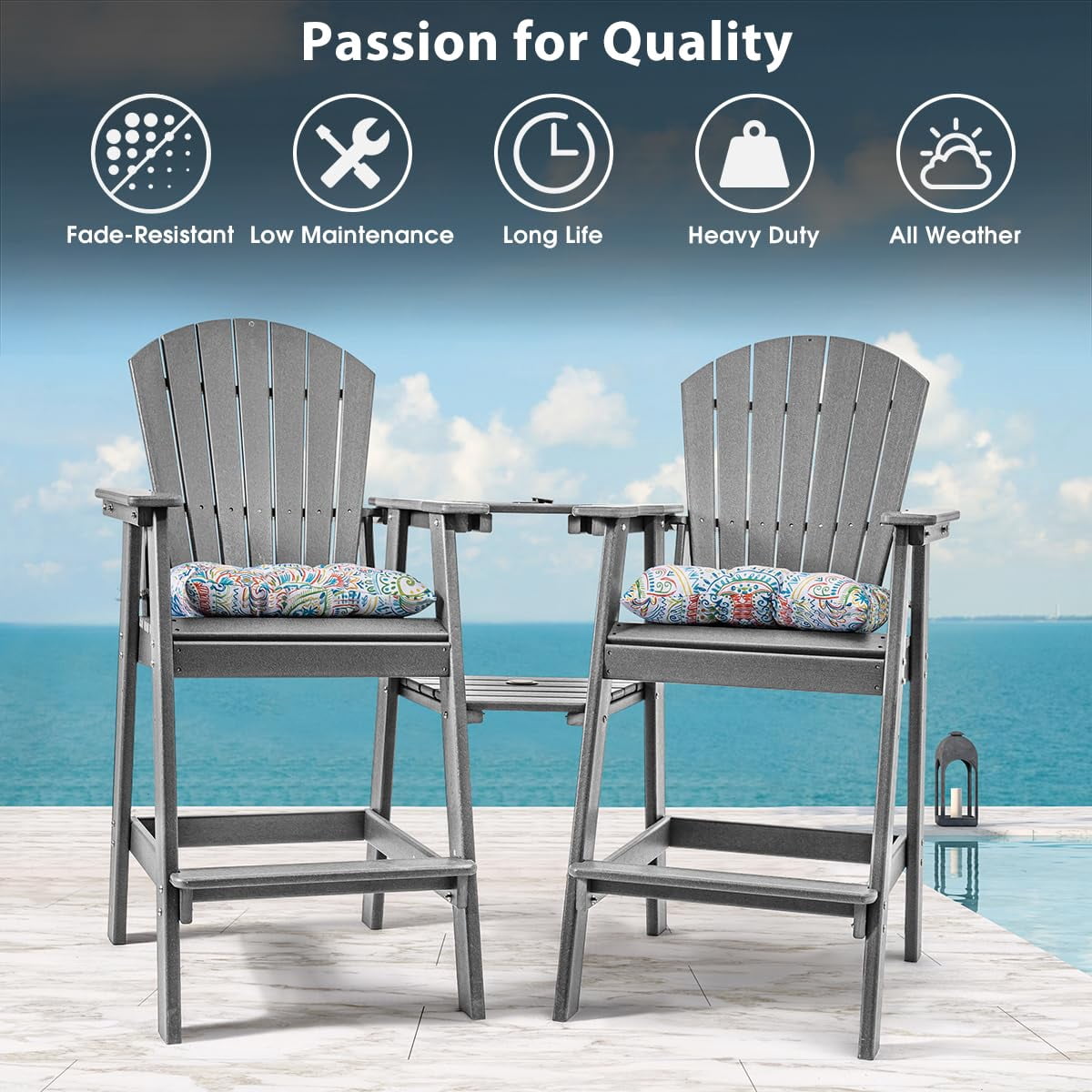 Tall Adirondack Chairs Set of 2 with Table, Patio HDPE Bar Set, 3 PCS Counter Height Dining Bistro Set, Pub Table with Stools, 2 Umbrella Hole Caps, Medium Gray