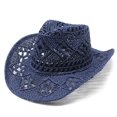 thumbnail image 1 of ¡Rebajas! Sombreros vaqueros Fdelink con protección solar UV para mujer y hombre, sombrero vaquero occidental de verano, sombrero de paja moldeable, sombrero para el sol ahuecado, azul marino., 1 of 2