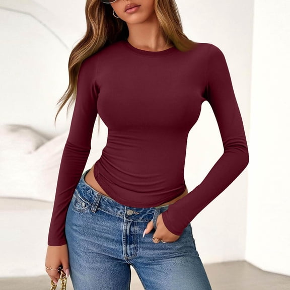 Womens Long Sleeve Crewneck T Shirts Fall Fashion 2026 Basic Crop Tops Going Out Outfits Y2k Clothes Wine L