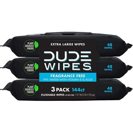 DUDE Wipes Flushable Wipes Dispenser, Unscented Wet Wipes with Vitamin-E & Aloe for at-Home Use, Septic and Sewer Safe, 48 Count (144ct, Pack of 3)