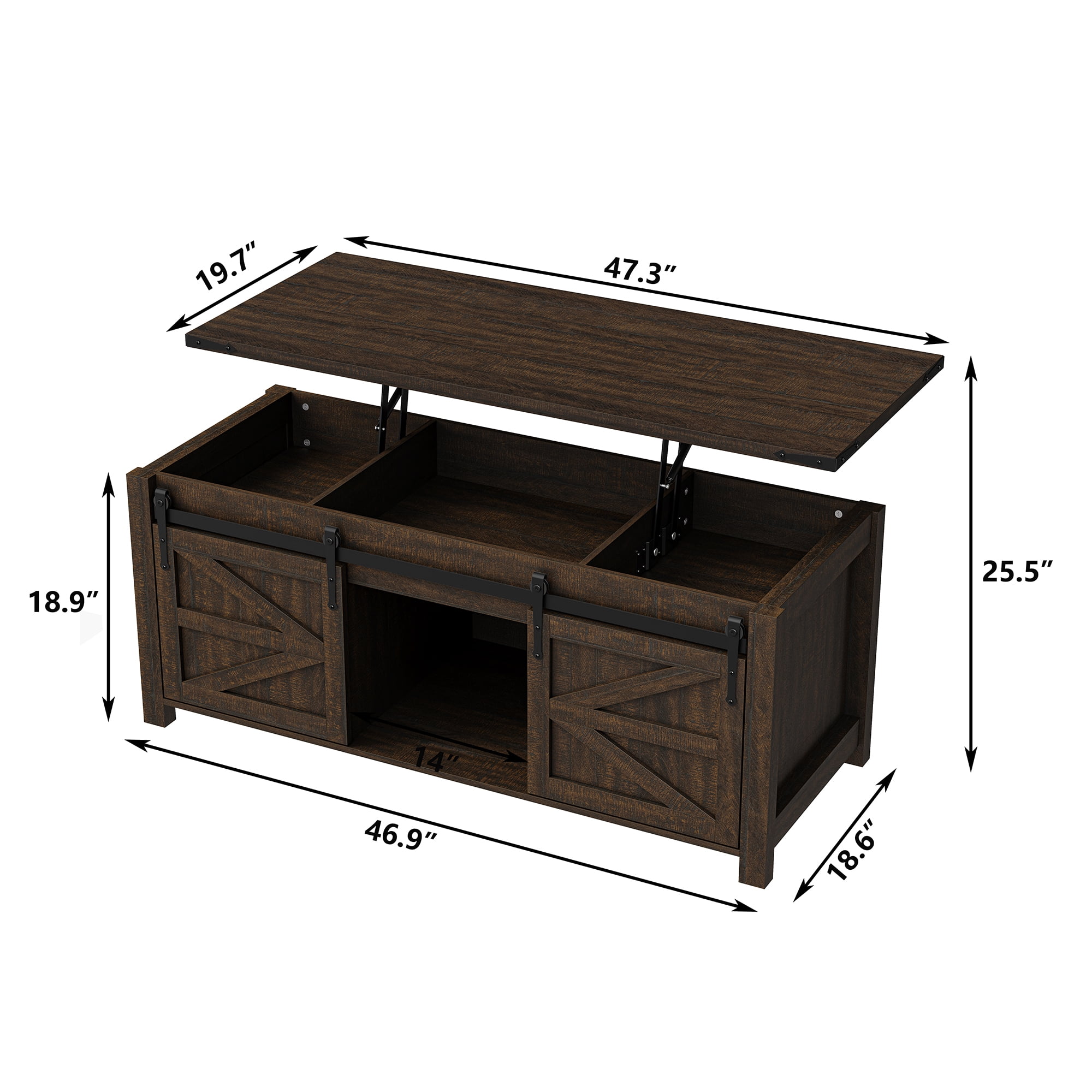 Furnihold 47.3''W Coffee Table, Farmhouse Lift Top Coffee Table with Hidden Storage and Sliding Barn Door for Living Room, Dark Brown