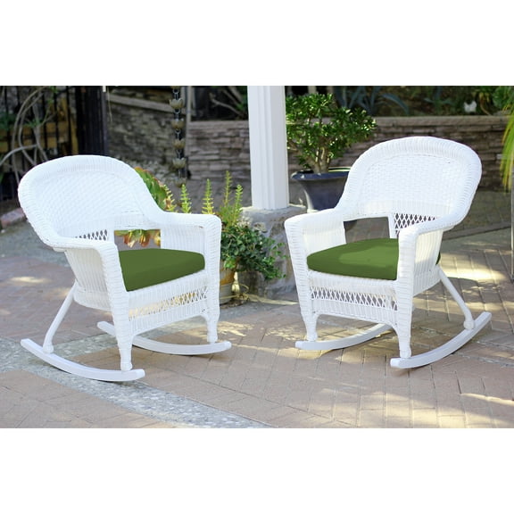 Jeco White Rocker Wicker Chair with Hunter Green Cushion- Set of 2