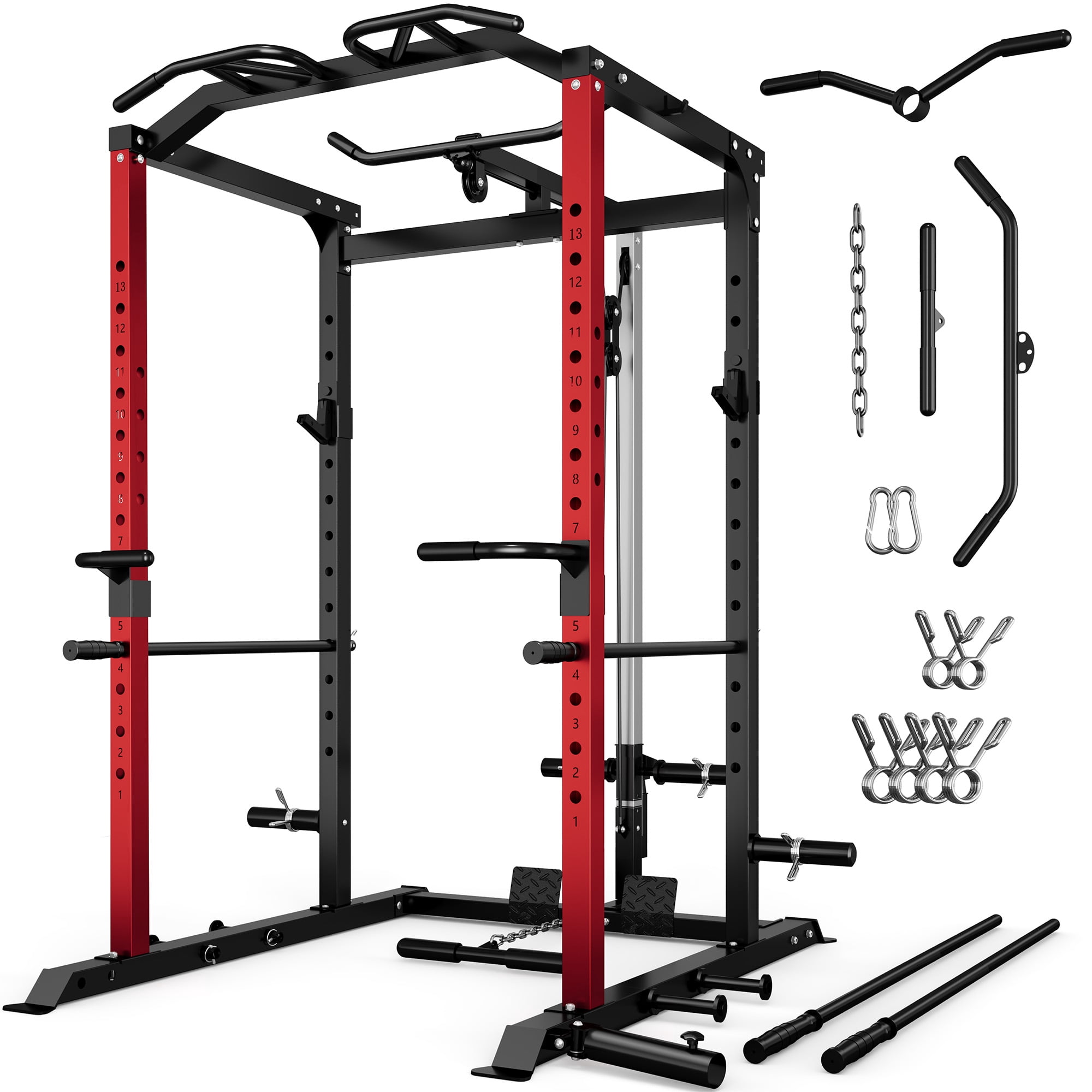 MITONOS Power Cage, Multi‑Function 2000LBS Squat Power Rack with LAT Pulldown, Pull‑Up Bar & Cable Pulley System for Home Gym