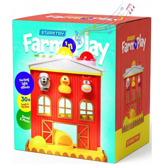 STARKTOY Ball Drop Toy Feed the Farm Pound a Ball Barn House for Toddlers 1-3 with Music and Lights, Early Developmental 1-Pack