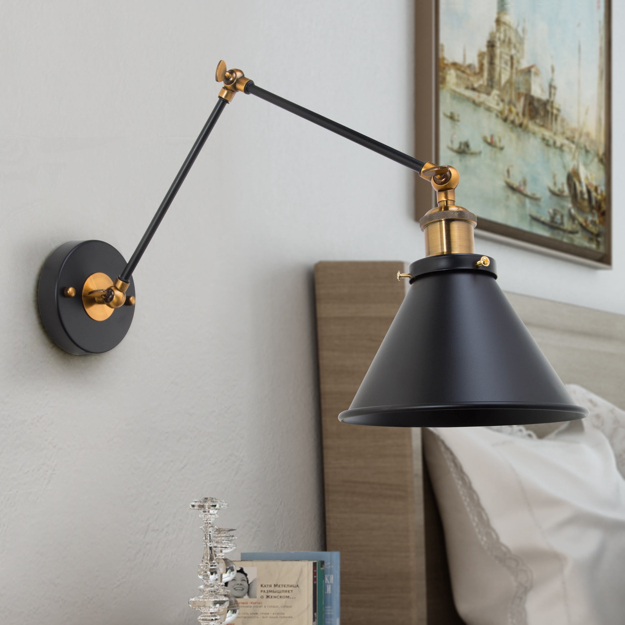 LNC Farmhouse Black Wall Sconces Plug-In Wall Light Adjustable (2-Pack)