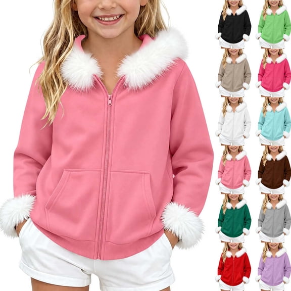 Girls Winter Hooded Jacket with Faux Fur Trim Zip Up Fleece Sweatshirt Coat with Front Pockets Warm Casual Long Sleeve Outerwear for Kids School Travel Outdoor Play and Daily Wear