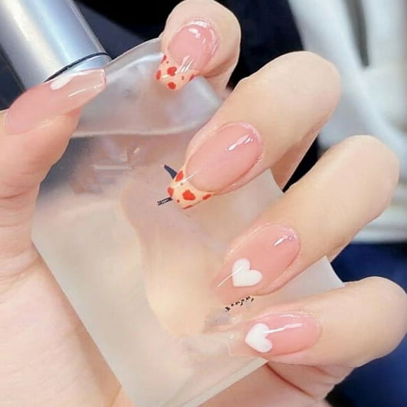 24pcs Press On False Nails Fake Nail Salon Full Cover Design for Women Girls Gift Coffin French Style Smile Heart