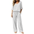 thumbnail image 4 of 2 Piece Outfits For Women, V Neck Pullover Blouse & Drawstring Pants Set, Solid Color Casual Summer Travel Clothes, Comfy Lounge Set With Pockets White XL, 4 of 6