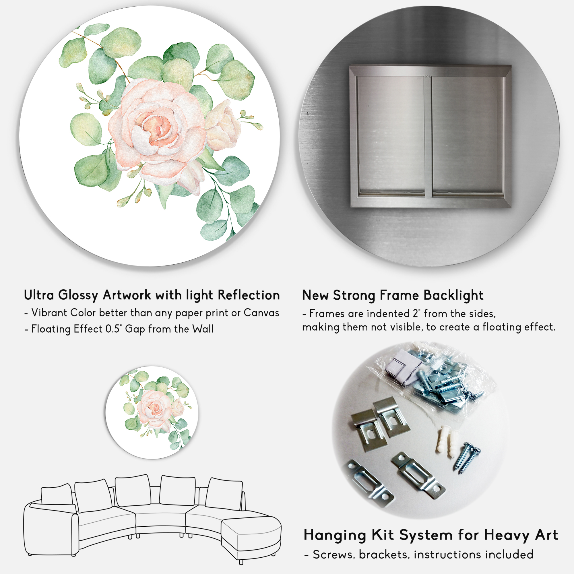 Designart 'Bouquet of Pink Roses Flowers and Eucalyptus Leaves' Traditional Circle Metal Wall Art 29x29 - Disc of 29
