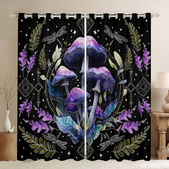 Manfei Female Men Purple Mushroom Black Out Curtains,Starry Sky Curtains Pack of 2 (42x63 Each),Botanical Plants Bedroom Curtains,Microfiber Bedroom Decor