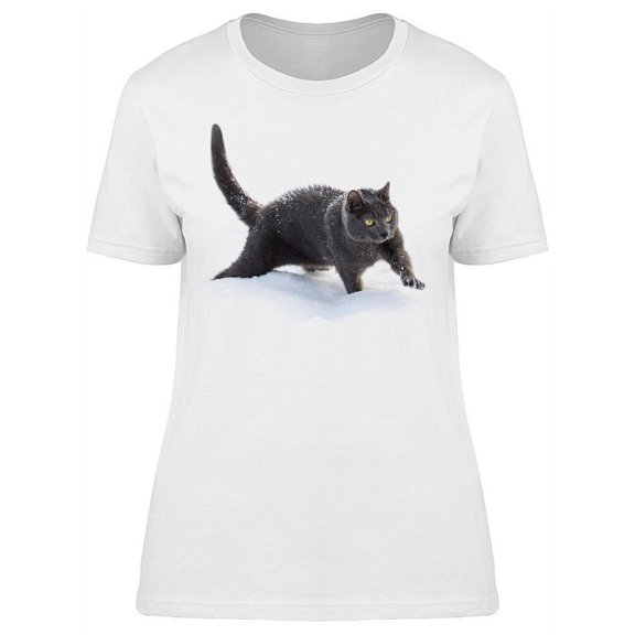Beautiful Grey Cat Walking Snow  T-Shirt Women -Image by Shutterstock, Female Small