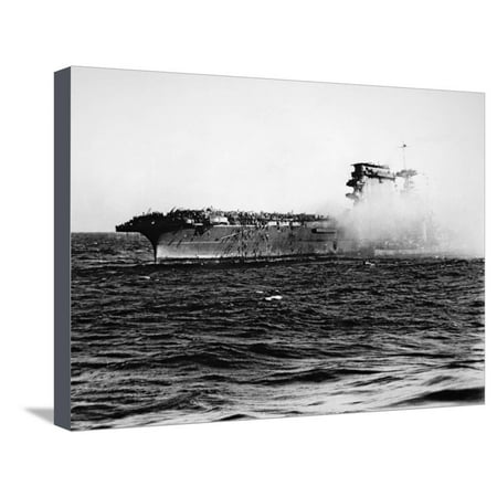 Uss Lexington On Fire And Sinking Battle Of Coral Sea 8th May 1942 Stretched Canvas Print Wall Art