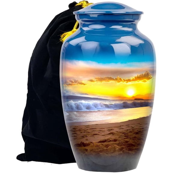 Sunrise Urn for Human Ashes -Beach Sunset Urns for Ashes Adult urn-Hand Painted Adult Beach Urn, Handmade Beach Cremation Urn with Velvet Bag (Large)