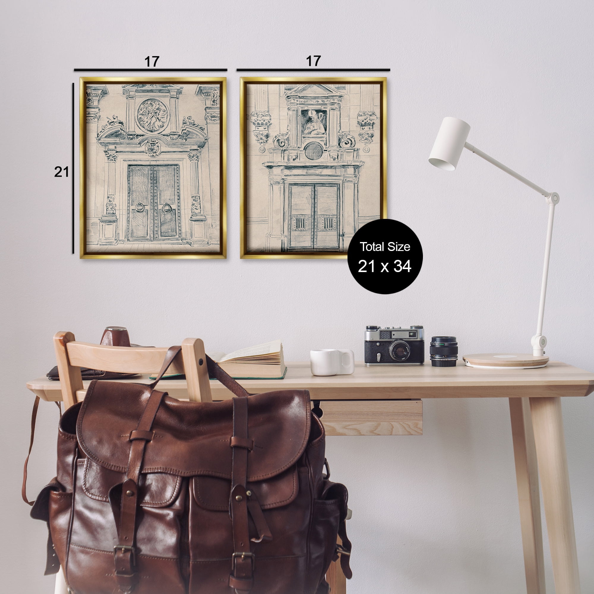 Stupell Industries Pencil Sketch Ornate Door Buildings & Architecture Drawing Gold Floater Framed Canvas Art Print Wall Art, 17 x 21, Set of 2