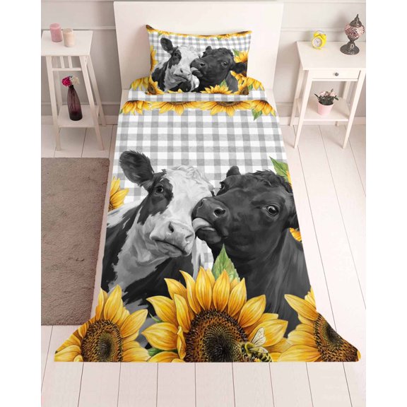 3 Piece Twin Sheet Set Sunflower Cows Sheets Set for Twin Size Bed, Breathable Soft Microfiber Bed Sheets Cooling Farmhouse Floral Watercolor Botanical Plaid Fitted Sheet Deep Pocket, Pillowcases