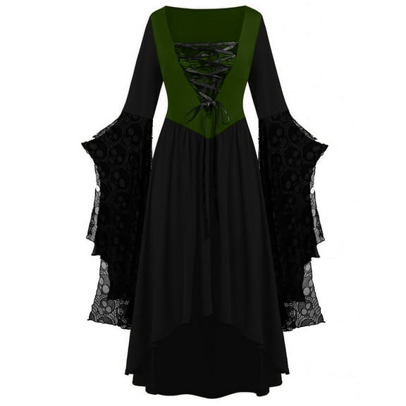Oplxuo Halloween Costumes for Women Gothic Lace Splicing Butterfly Sleeve Fairy Dress Vintage Medieval Renaissance Clothes