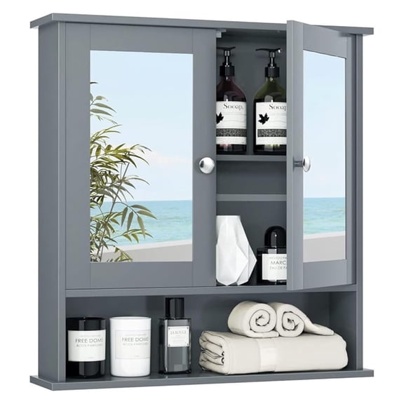 Wall Bathroom Cabinet with Mirror - Wood Over The Toilet Storage Cabinet Space Saver w/2 Doors, Adjustable Shelf & Open Compartment, Modern Wall Mount Medicine Cabinet (Grey)