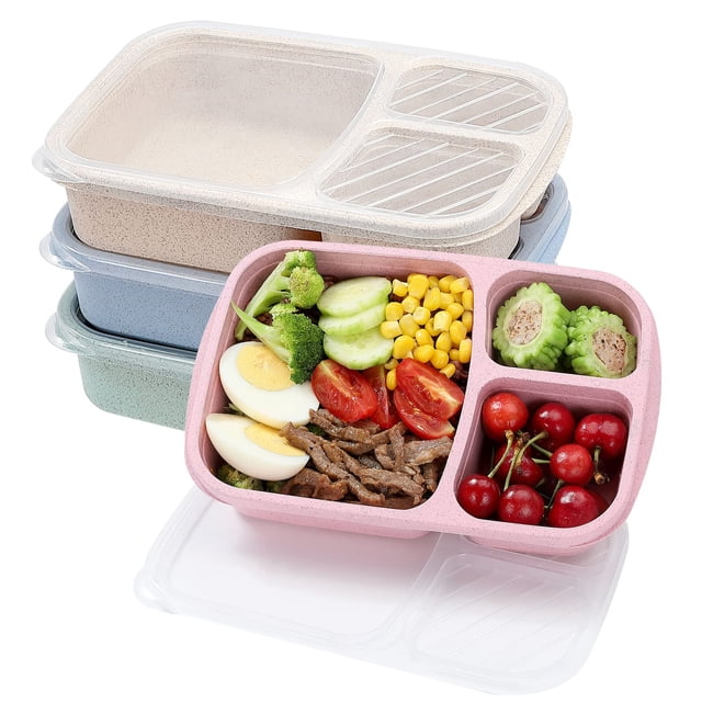 buluker Juego de 4 loncheras Bento, 3 compartimentos, paja de trigo, preparación de comidas, contenedores de almacenamiento de alimentos, plástico, apto para microondas y lavavajillas (3 compartimento