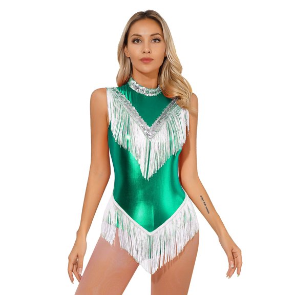 Doomiva Women's Jazz Dance Leotard Sequins Metallic Tassel Bodysuit Samba Latin Dancewear Green L